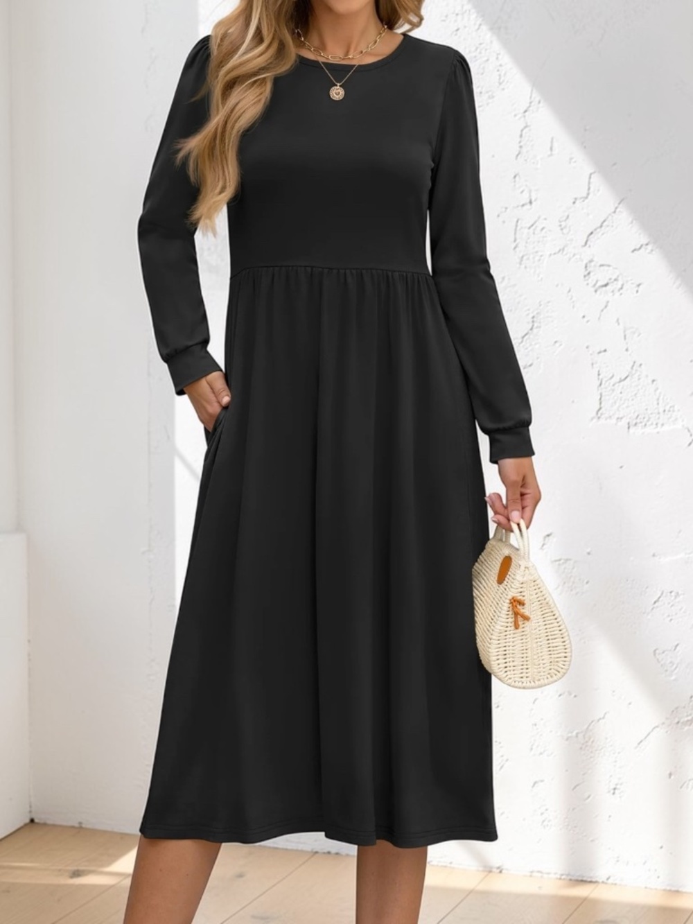 Fantaslook Black Flowy Midi Dress 2XL NWT Long Sleeve Pockets